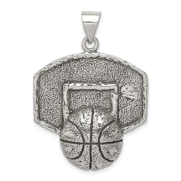 925 Sterling Silver Antiqued & Textured Basketball w Backboard Necklace Pendant - Picture 1 of 5